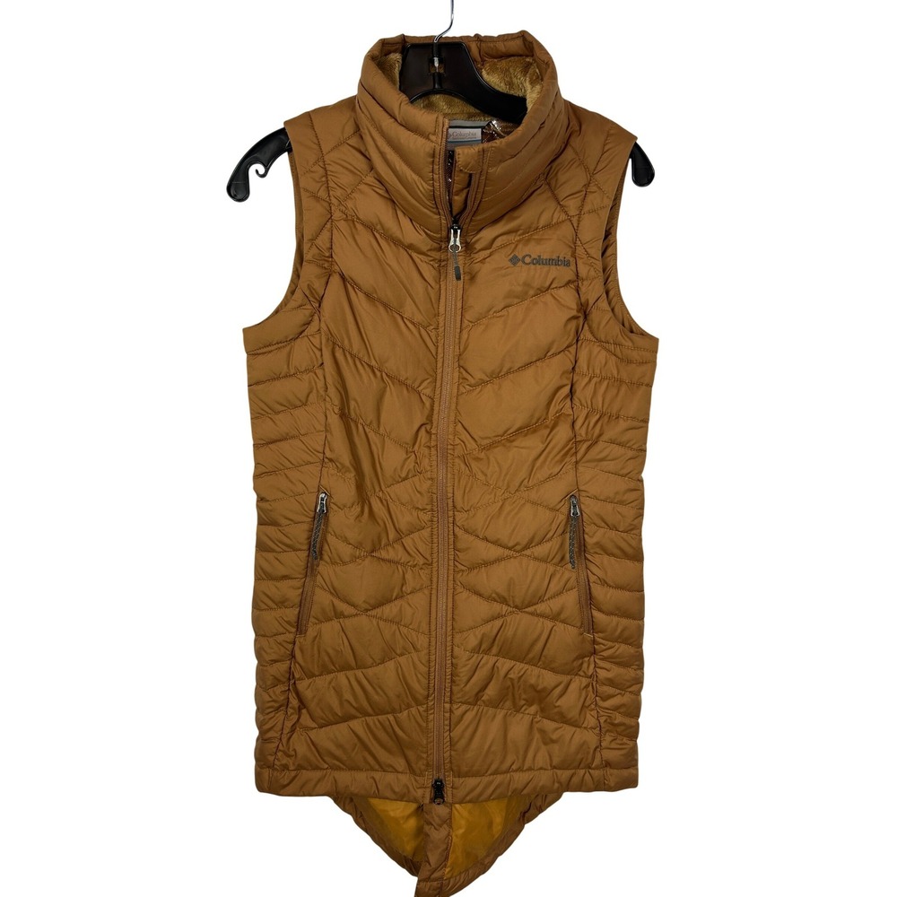 Columbia Joy Peak Mid Insulated Long Vest Tan Brown Omni-Heat Quilted Puffer XS